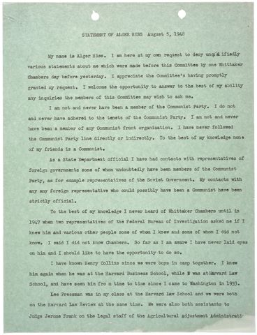 Hiss makes an appearance before the HUAC upon his own request to deny  the charge. While he is there, he asks to meet his accuser. Chambers gets interviewed by an investigator, Robert E. Stripling.