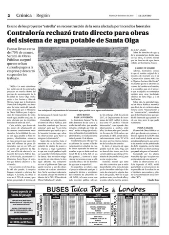 Contraloría rechazó trato directo para obras del sistema de agua potable de Santa Olga