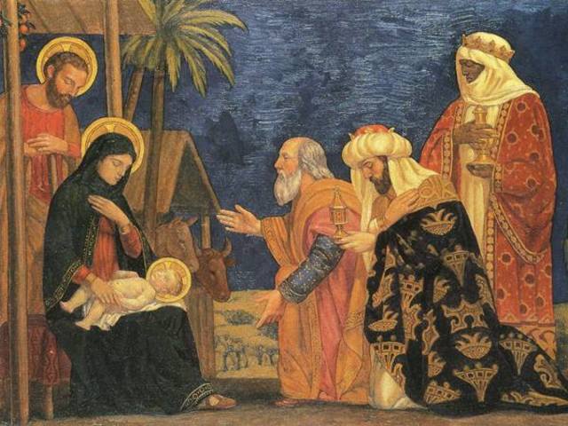 Jesus is visited in Bethlehem by the three wise men and the shepards