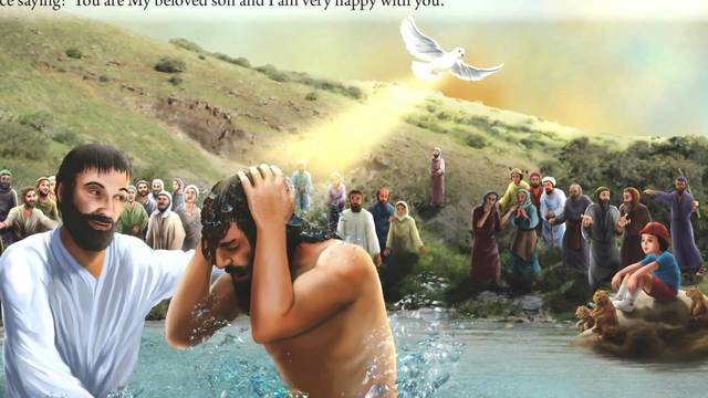Jesus is baptised in the river Jordan