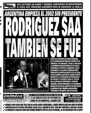 Argentina, Buenos Aires - renuncia el presidente provisional de Argentina, Adolfo Rodríguez Saá.