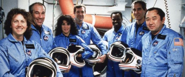 Space Shuttle Challenger explodes shortly after lift-off.​