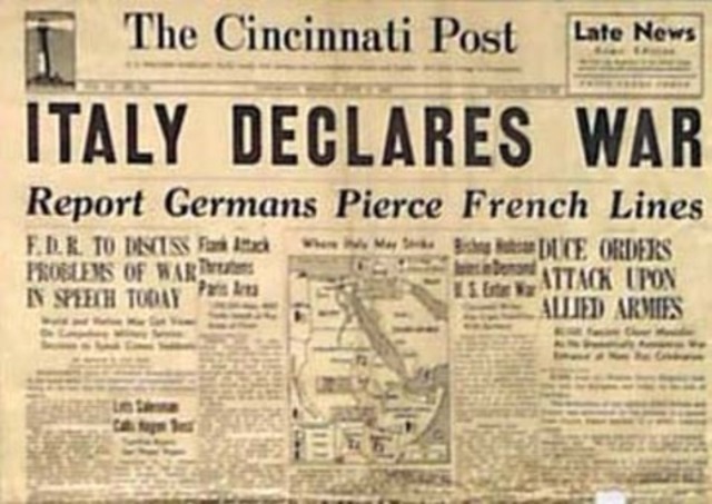 Italy declares war on France and Britain