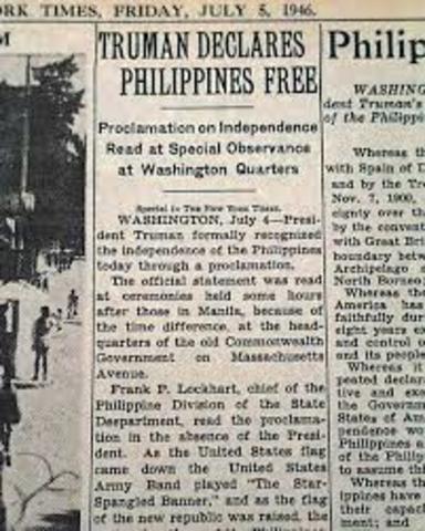 US GRANTS INDEPENDENCE TO THE PHILIPPINES