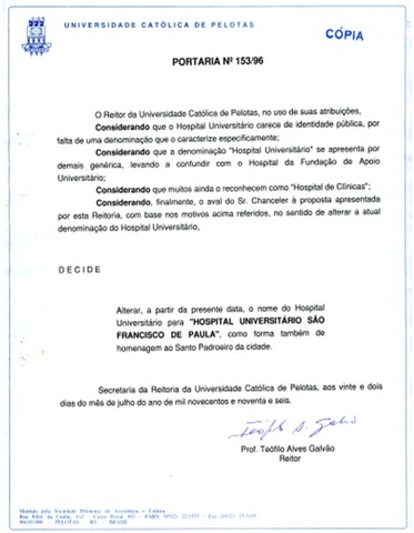 Portaria 153/96 altera o nome do Hospital