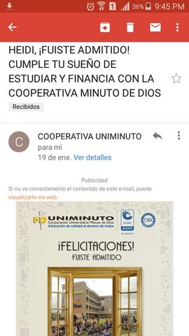Ese día recibí el correo de UNIMINUTO en el que me decían que habia sido admitida. Ese es uno de los días mas felices que recuerdo.