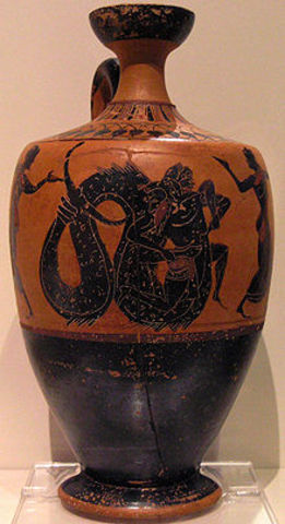 Starożytność Grecja wazy czerwono i czarnofigurowe Lektyk: Herakles walczący z Trytonem