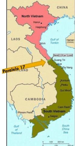 Francia se retira de Vietnam y Vietnam se divide en norte comunista y Vietnam del sur