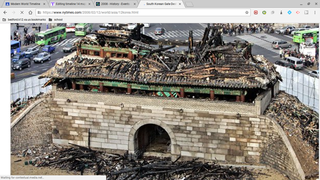 The 2008 Namdaemun fire severely damages Namdaemun, the first National Treasure of South Korea