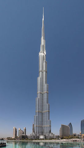 The tallest man-made structure to date, the Burj Khalifa in Duba