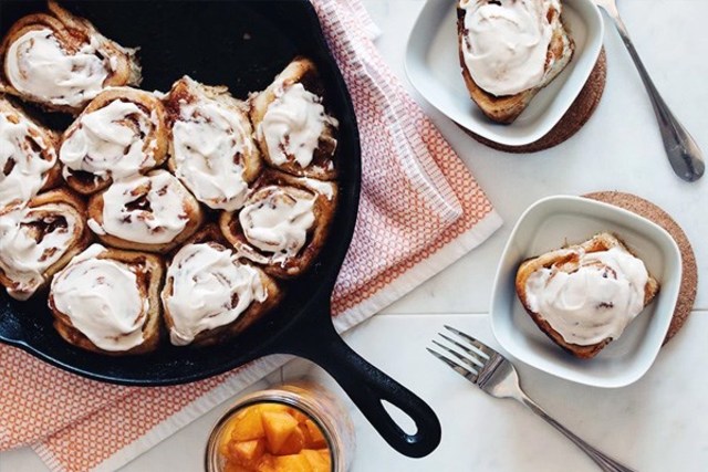 Vegan Cinnamon Rolls with Spiced Whiskey Peaches