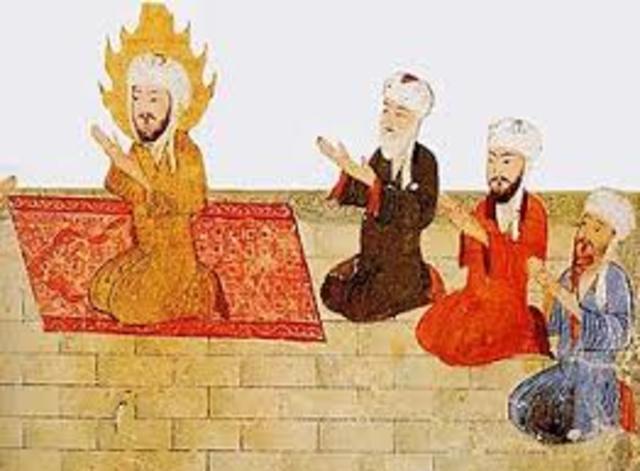 Hégire (exode), Mahomet quitte la ville polythéiste de La Mecque pour Médine et y fonde la première communauté adhérente à l'Islam (soumission à Dieu).