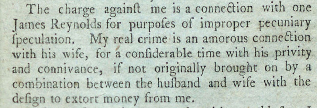 Alexander publishes the Reynolds Pamphlet