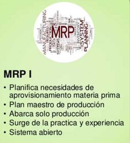 MRP  (Planificador de Recursos Materiales) surgio con el fin de que las empresas pudieran calcular de forma precisa la cantidad de materia prima que requerían y en que momento la iban a requerir, para optimizar al máximo las operaciones.