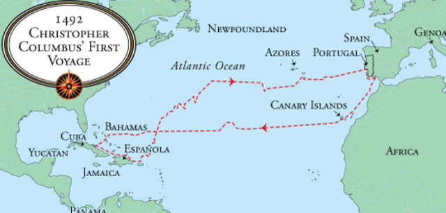 Christopher Columbus sails to the Caribbean
