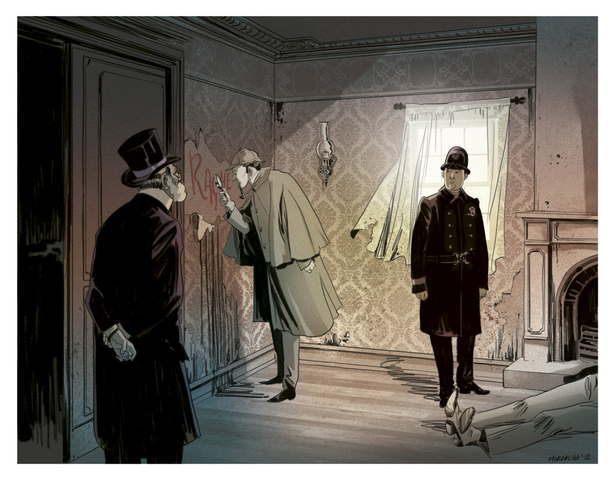 Sherlock, Watson, Gregson y Lestrade se dirigen a la habitacion para buscar alguna pista
