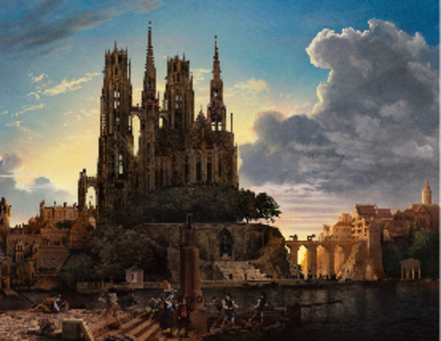 PINTURA DE LA CATEDRAL GOTICA JUNTO AL RÍO