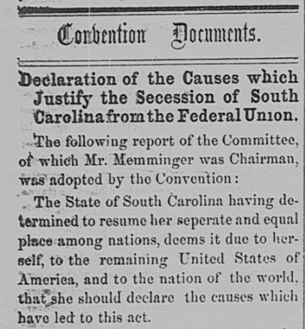 South Carolina Secedes from the Union