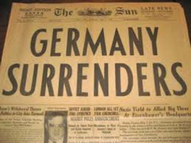 - Germany surrenders to the Allies.