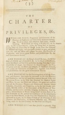 William Penn is granted a charter for the land of Pennsylvania.