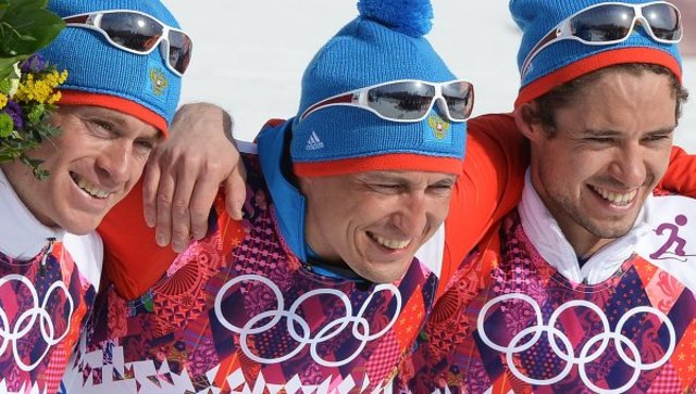 Лыжи, гонка на 50 км. Золото, серебро, бронза. Александр Легков, Максим Вылежагин и Илья Черноусов.