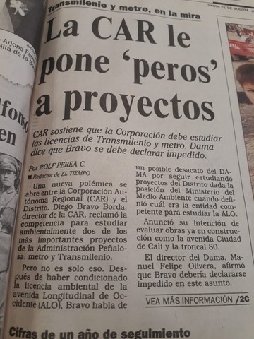 La CAR le pone peros a proyectos de Transmilenio y metro para las licencias