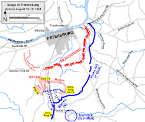 Battles on the Weldon Railroad near Petersburg, Virginia.