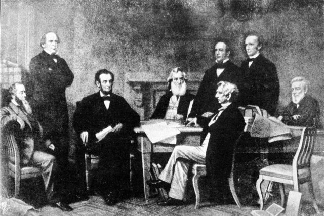 Abraham Lincoln, William Seward, Alexander Stephens, and Hunter discuss peace