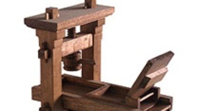 ---- GUTENBERG PRINTING PRESS ----  Purpose: A machine designed to quicken the process of manuscript duplication at far less cost than previously possible, using the world's first mechanised ink to paper transfer system and moveable metal type.