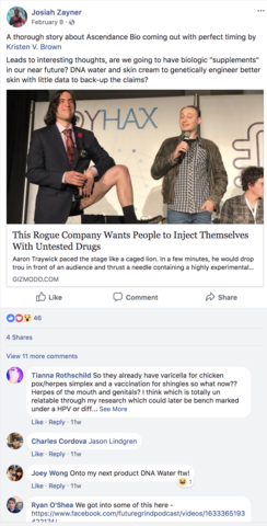 Josiah Zayner Expresses Public Statement of Regret https://www.theatlantic.com/science/archive/2018/02/biohacking-stunts-crispr/553511