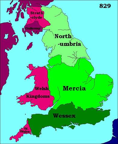 Northumbria, Mercia, Wessex.