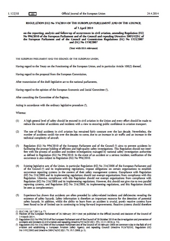 Issue of Regulation (EU) 376/2014