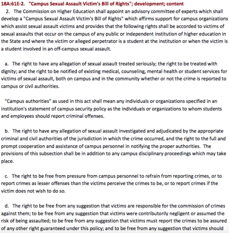 Establishing of New Jersey Campus Sexual Assault Victims’ Bill of Rights