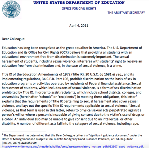 U.S. Department of Education Office of Civil Rights Dear Colleague Letter Guidance