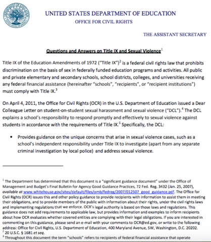 U.S. Department of Education Office of Civil Rights 2014 Title IX Q&A Guidance