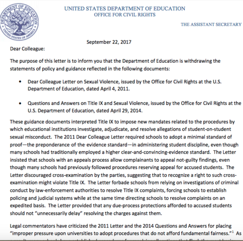 Department of Education Secretary DeVos Office of Civil Rights Dear Colleague Letter Guidance