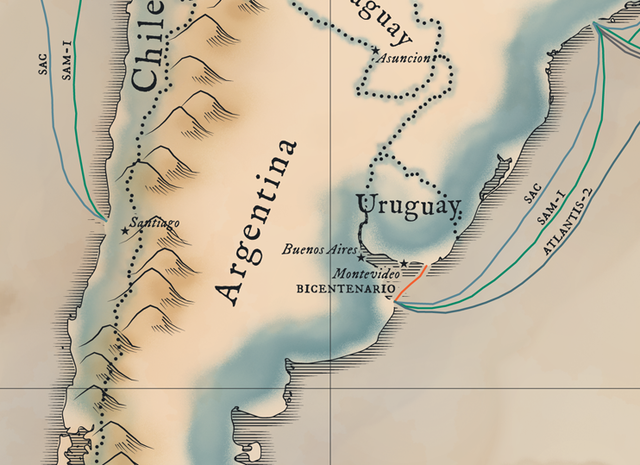Cables submarinos uniendo Argentina y Europa