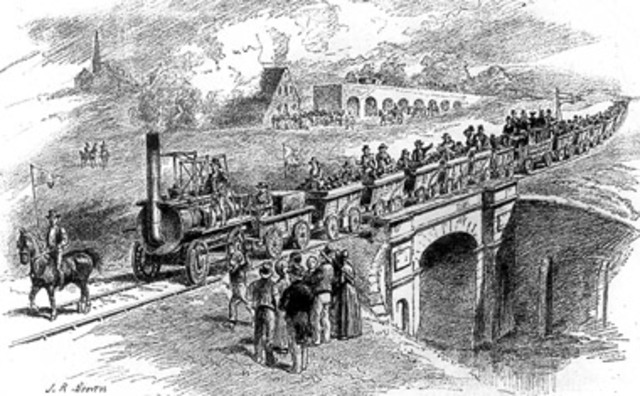 Builds Stockton and Darlington Railway with Son, Robert