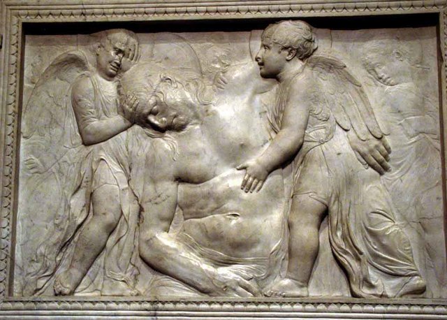 Cristo muerto sujetado por ángeles