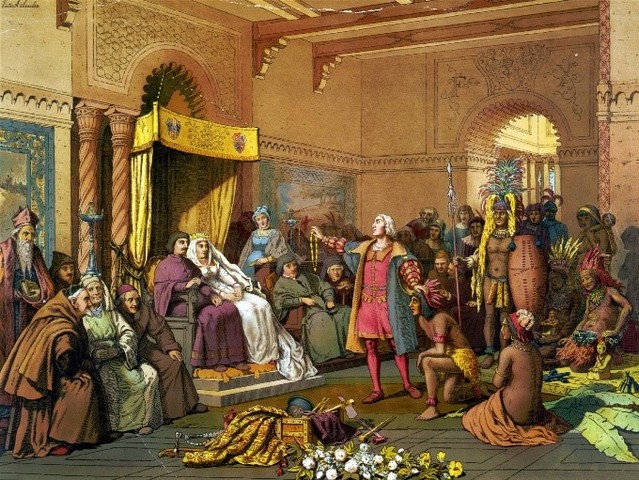 Cristóbal Colón anuncia a los reyes el descubrimiento de un nuevo continente.
