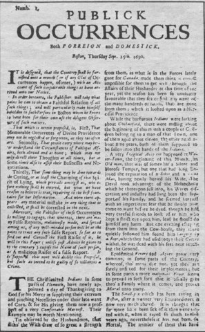 Ben Harris prints first Colonial newspaper [Publick Occurrences, Both Foreign and Domestic] in Boston