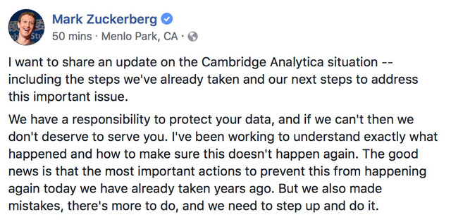 Mark Zuckerberg, the CEO of Facebook, finally speaks up.