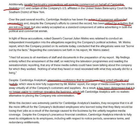 Cambridge Analytica announces in a statement they are shutting down.