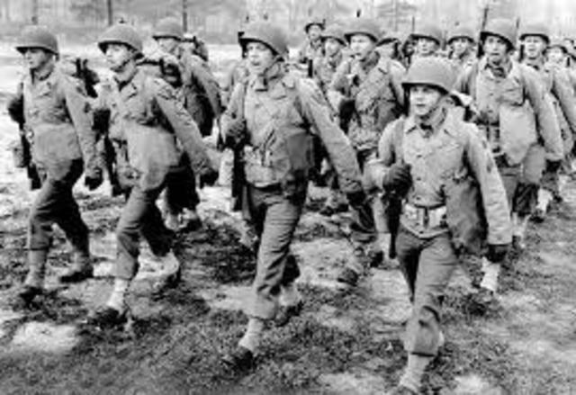 1939: Germany invades Poland. Great Britain declares war on Germany. Soon, all of Europe is fighting. The U.S. enters the war in December, 1941, although FDR is supplying Britain and the allies with guns and material before that date.