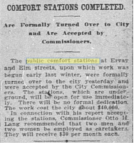 “Public comfort stations” at Elm & Live Oak