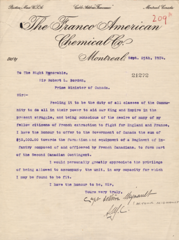 Arthur Mignaut writes a letter to PM Sir Robert Borden, on September 15th, 1914, leading to the creation of the 22eme Regiment, or the “Van Doos”