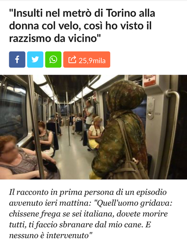 Insulti nel metrò di Torino ad una donna col velo