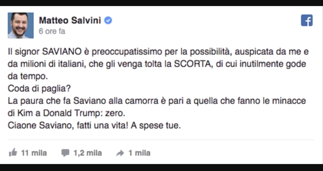 Salvini minaccia di rivedere la scorta a Saviano