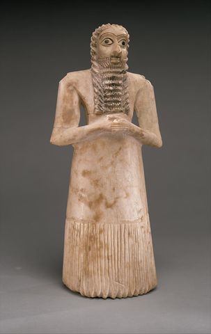 Name: Standing Male Worshipper Tell Asmar. Period: Ancient Mesopotamia c. 3000 B.C.E. - 400 C.E. Date: 2900 B.C.E. - 2500 B.C.E.