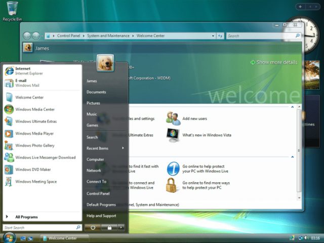 windows vista , flip 3D, live icons y welcome center